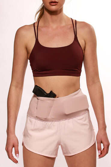 Women's Concealed Carry Runners Shorts from Alexo in light pink with horizontal phone pocket